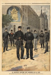Rauhanturvaajien (tai kaupungin kersanttien) univormujen kehitys vuosina 1860–1894 Conciergen kellotornin edessä, Pariisissa. Kaiverrus "" Le petit Journal" -lehdessä 09/1894. Selvan kokoelma. tekijältä Unknown artist