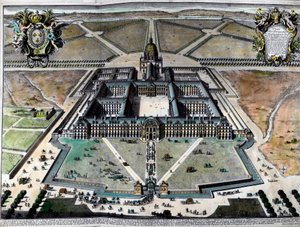 Ulkonäkymä hotelli des Invalidesista Pariisissa 1700-luvulla. Kaiverrus 1700-luvulta. Yksityinen kokoelma. tekijältä Unknown artist