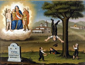 Puun kaatuminen. Vasemmalla ylhäällä Madonna San Sebastianin ja San Rochin välillä. Ex Voto de 1870. tekijältä Unknown artist
