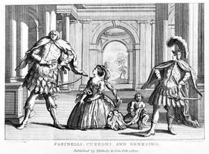 Farinelli (Carlo Broschi, toim.; 1705 - 1782) sopraano Cuzzonin ja kastraatti Francesco Bernardo Senesinon (1680 - 1750) kanssa George Frederick Händelin (Georg Friedrich Handel) oopperassa tekijältä Unknown artist