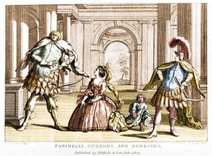 Farinelli (Carlo Broschi, toim.; 1705 - 1782) sopraano Cuzzonin ja kastraatti Francesco Bernardo Senesinon (1680 - 1750) kanssa George Frederick Händelin (Georg Friedrich Handel) oopperassa tekijältä Unknown artist