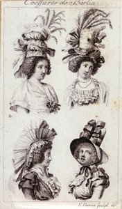 Muoti 1700-luvulla: berliiniläisten naisten hatut. Kaiverrus vuodelta 1793. tekijältä Unknown artist