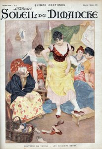 Muoti 1800-luvun lopulla: uudet kengät Venetsiasta. Naiset kokeilevat kenkiä italialaisesta kaupungista. Kaiverrus kirjassa "" Le sun-du-dimanche", 8. lokakuuta tekijältä Unknown artist