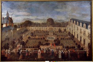 Juhla Ducal Palacessa vuonna 1673 kuningas Ludvig XIV:n ja hänen hovinsa oleskelua varten. Anonyymi maalaus tekijältä Unknown artist
