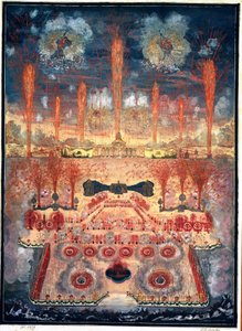 Ilotulitus ja valot 16. kesäkuuta 1744 Moskovassa (Venäjä). Nimetön työ, akvarelli ja guassi pahville, 1700-luvun puoliväli. Rokokootaidetta. Valtion historiallinen museo, Moskova. tekijältä Unknown artist