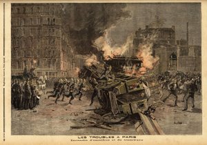 Omnibussien ja raitiovaunujen tulipalo Pariisissa: julmasti tukahdutettu opiskelijamielenosoitus muuttuu yleiseksi mellakoksi. Kaiverrus "" Le petit Journal" -lehdessä 22/07/1893. Selvan kokoelma. tekijältä Unknown artist