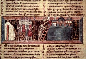 Ensimmäinen ristiretki: "Ristiretket saapuvat ennen Jerusalemia". Miniatyyri elokuvasta "" Chevalier au Swan et Godefroi de Bouillon"" tekijältä Unknown artist