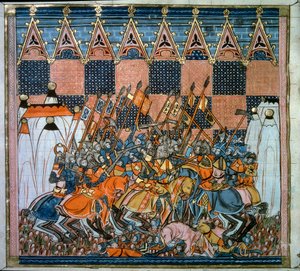 Ensimmäinen ristiretki: Jerusalemin piiritys ja valloitus Godefroy de Bouillonin (1058-1100) johtamilla risteyksillä vuonna 1099. Pienoiskuva elokuvasta Chronicles d