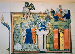 Ensimmäinen ristiretki: Bouillonin Godefroi (tai Godefroy) pyöreässä tornissa hyökkäsi Jerusalemiin vuonna 1099. Miniatyyri teoksesta "" Roman De Godefroy De Bouillon et de Saladin"" tekijältä Unknown artist