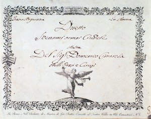 Svenamin partituurin ensimmäinen sivu nyt julma, Domenico Cimarosan teoksessa Gli Orazi e i Curiazi, n. 1798 tekijältä Unknown artist