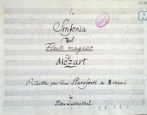 Sinfonian partituurin ensimmäinen sivu on alennettu kahteen pianoon ja kahdeksaan käteen Mozartin oopperan Die Zauberflote, Lichtenthal-versio (1800-luku) tekijältä Unknown artist