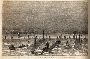Kalapyydykset, sijoitettu Yukon-joen rannoille (äärimmäinen pohjois-Kanada). Frederick Whymperin kaiverrus havainnollistamaan matkaa ja seikkailuja Englannin Kolumbiassa, Vancouver Islandissa ja Alaskassa tekijältä Unknown artist