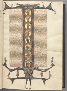 Fol. 1r, Genesis, jossa on kokopitkä historiallinen alkukirjain I, joka esittää luomista ja ristiinnaulitsemista, kaikki kiillotetuilla kultaisilla perusteilla, joissa on vaaleanpunaiset ja siniset kehykset sekä ylä- ja alareunassa lohikäärme- ja lehtilaaj tekijältä Unknown artist