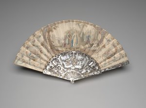 Kokoontaittuva tuuletin, jossa Jacob tapaa Rachelin kaivon äärellä, n. 1760-70 luvut (guassi & akvarelli pergamenttilehdellä, helmiäinen, kultaus ja liitä jalokiviä) tekijältä Unknown artist