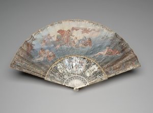 Kokoontaittuva tuuletin "Auringon lasku" François Boucherin mukaan, vuoden 1753 jälkeen (guassi ja w/c yksittäisessä perunalehdellä, norsunluu, kultaus, guassi, helmiäinen ja tahnakivi) tekijältä Unknown artist