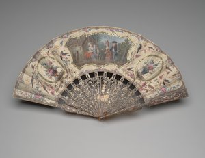 Taitettava tuuletin, jossa on kohtaus vierailusta hoitajan luona, n. 1780 (guassi kaksoissilkkilehdellä, messinki, metallilanka, kilpikonnankuori, kultaus, helmiäiset ja tahnat) tekijältä Unknown artist