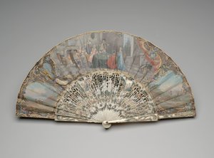 Taittuva tuuletin, jossa on korttipelaajien kohtaus muodikkaassa sisustuksessa, n. 1740-50 luvut (guassi ja akvarelli yhdelle perunalehdelle, norsunluulle tai luulle, kultaus, guassi, silkki ja messinki) tekijältä Unknown artist