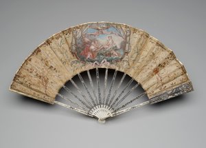Taitettava tuuletin Venuksen syntymällä, n. 1770-80-luvulla (guassi yhdellä silkkilehdellä, olki, messinki, metallilanka, luu, kultaus, helmiäiset ja tahnat) tekijältä Unknown artist