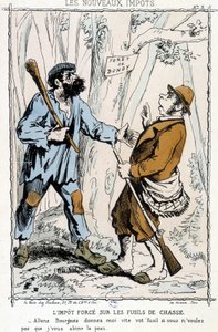 Haulikkovero: "Mennään porvariksi, anna aseesi nopeasti, jos et halua minun pilaavan ihoasi" - karikatyyri "uusista veroista" tekijältä Unknown artist