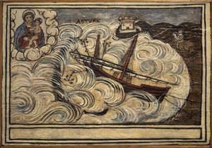 Entinen voto (ex voto) merimies, suosittu tarjous panttina omistautuneisuudesta ja kiitollisuudesta merimiehelle, joka selviytyy meren vaaroista, jotka tulevat Carmine-kirkosta Torre del Grecosta lähellä Napolia 1800-luvun Italiassa tekijältä Unknown artist
