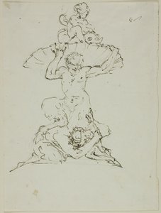 Suihkulähde, jossa on satiiri ja putto (etusivu); Punchinello (kääntöpuoli). tekijältä Unknown artist
