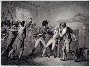 Ranskan vallankumous: Robespierren pidätys 27. heinäkuuta 1794 (9. Thermidor-vuosi II). Kaiverrus 1700-luvulta. Pariisi, Musee Carnavalet tekijältä Unknown artist