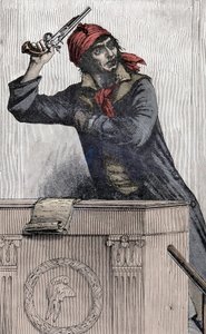 Ranskan vallankumous: Jean Paul Maratin (1743-1793) muotokuva, Montagnardin edustaja konventissa, jakaa pistoolia korokkeella - tekijältä Unknown artist