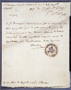 Ranskan vallankumous: 26.2.1793 päivätty käsinkirjoitettu kirje Merlin-nimeltä kenraali Dumouriezin Bredan kaupungin vangitsemisesta Hollannissa 24. helmikuuta. Nord Lillen osastoarkisto tekijältä Unknown artist