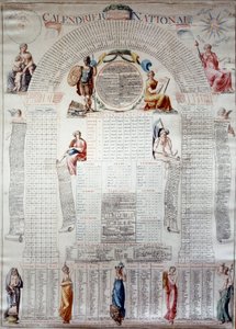 Ranskan vallankumous: kansallinen kalenteri, joka on laskettu kolmellekymmenelle vuodelle 31.12.1792 alkaen. Kaiverrus 1792 Paris, Musee Carnavalet tekijältä Unknown artist