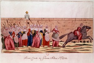 Ranskan vallankumous 1789: avant-garde des femmes matkalla Versaillesiin 5. lokakuuta 1789. Kaiverrus 1700-luvulta. Paris, B.N. tekijältä Unknown artist
