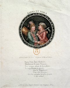 Ranskan vallankumous: Barran ja Vialan edustus. Joseph Agricol Viala (1780-1793) ja Joseph Bara (1780-1793), Ranskan vallankumouksen sankarilapset, jotka taistelivat Marseillessa ja Vendeessä tasavallan puolesta. Kaiverrus 1700-luvulta tekijältä Unknown artist