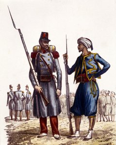 Ranskan armeijan univormu: Vasemmalla muodostui vieraslegioona, joka lähetettiin Algeriaan vuonna 1831. Oikealla alkuperäiskansojen ratsastajat, koulutettuja ja lähetetty Algeriaan vuonna 1841. L