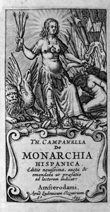 Italialaisen filosofin Tommaso Campanellan (1568-1639) "" De monarchia hispanica " (Espanjan monarkia) etukuva. 1683 tekijältä Unknown artist