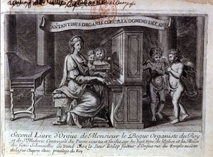 Nicolas Lebèguen toisen urkukirjan etupuoli. Ranskalainen säveltäjä 1631 - 1702. Urkuristi palvelee Louis XIV:tä. Pariisin BNF tekijältä Unknown artist
