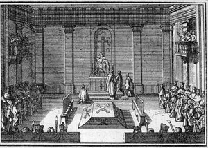 Paavin hautajaiset 1700-luvulla: obsekkien seremonia. Kaiverrus kirjaan "Histoire des religijs"". tekijältä Unknown artist