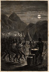 Hautausseremonia Lakutien (Ylä-Niilin alueella sijaitseva heimo) keskuudessa, rummut ja rituaalitanssit kuunvalossa. Engravure pour illustration le voyage au lac Albert, en 1861-1864, kirjoittaja Sir Samuel White Baker, teoksessa Le tour du monde, nouveau  tekijältä Unknown artist