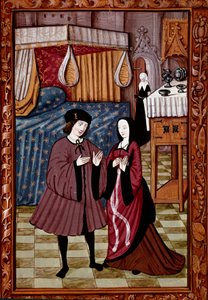 Mahtava kohtaaminen makuuhuoneessa Luultavasti Jean III de Brushin ja Louise de Lavalin rakkaus. Miniatyyri käsikirjoituksesta ms. 1475 tekijältä Unknown artist