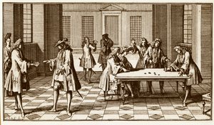 Pelihuone 1700-luvulla - Sebastien Le Clercin kaiverrus Pierre Remond de Montmortin kirjassa "Essay d