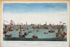 Yleiskuva Amsterdamista mereltä otettu 1700-luku (kaiverrus) tekijältä Unknown artist