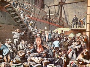 Saksalaiset siirtolaiset New Yorkiin nousemassa Hampurin höyrylaivaan vuonna 1874, kaiverrus - (Deutsche Emigranten) tekijältä Unknown artist