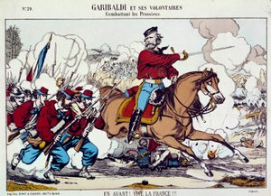 Giuseppe Garibaldi (1807-1882) taistelee vapaaehtoisineen preussialaisia vastaan. "Eteenpäin, eläköön Ranska" Noin 1871. Kaiverrus B.N. Pariisi tekijältä Unknown artist