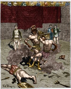 Gladiaattorin taistelu. 1800-luvun kaiverrus. tekijältä Unknown artist