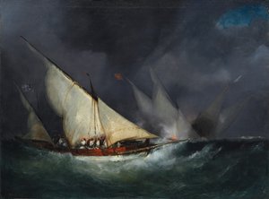 Kreikkalaiset merirosvot hyökkäämässä turkkilaiseen alukseen tekijältä Unknown artist