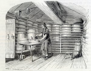 Gruyère-juustokauppa sveitsiläisessä chalet-mökissä (kuoren pesu) - Louis Figuierin "" Alan ihmeissä" -osassa tekijältä Unknown artist