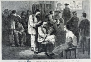 Kampaamo Kalifornian kiinalaisessa yhteisössä - kaiverrus tekijältä Unknown artist