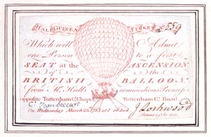 Puoli-guinea-lippu ilmapallon nousuun Tottenham Court Roadilla, Lontoossa, 23. maaliskuuta 1785 tekijältä Unknown artist