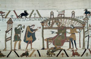 Harold, joka palasi Englantiin suurlähetystönsä jälkeen herttua Vilhelm Valloittajan (1027-1087) luona, esitti matkansa kuningas Edward tunnustajalle. Yksityiskohta Bayeux