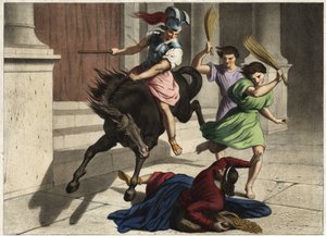 Heliodore (Heliodoros) ajettiin ulos temppelistä: hallitsijansa käskystä hän yritti turhaan ottaa haltuunsa Jerusalemin temppelin ryöstäjät. Anonyymi kaiverrus 1800-luvun puolivälistä. tekijältä Unknown artist