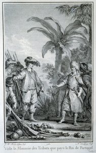 Tässä on Portugalin kuninkaan maksamien kunnianosoitusten valuutta: portugalilainen kauppa siirtomaissa - Guillaume Thomas Raynalin teoksessa "Eurooppalaisten laitosten ja kahden Intian kaupan filosofinen ja poliittinen historia". Lapio tekijältä Unknown artist