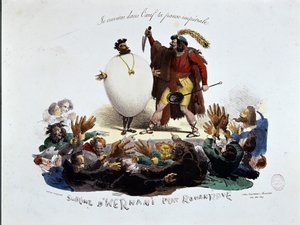 Hernanin ylevä, romanttinen ruokalaji - sarjakuva Victor Hugon näytelmästä "" Hernani"" ("Hernanin taistelu"), anonyymi litografia tekijältä Unknown artist